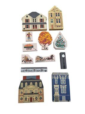 Handcrafted Cats Meow Wooden Christmas fall Village Set With Winter & Autumn